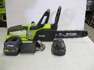 lot 352 image: Ryobi ONE 10 in. HP 18V Brushless Lithium-Ion Electric Cordless Battery Chainsaw - Battery and Charger Included. Tested, Works, Slightly Used.