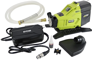 lot 365 image: Ryobi P750 One 18V Hybrid Lithium Ion Battery or 120V AC Powered Portable Potable Water Transfer Pump (Tool Only) Hose Kinked in packaging, New, Works