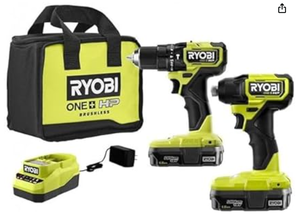 lot 377 image: RYOBI 18V ONE HP Compact Brushless 2-Tool Drill and Driver Combo Kit PSBCK91KMX - Slightly Used, Works