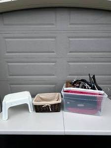 lot 41 image: Hangers  Reusable Bags  Gift Bags  Step Stool  Wicker Basket