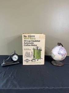 lot 113 image: West Bend Automatic Coffee Maker, Magnetic Globe and Oxford Clock