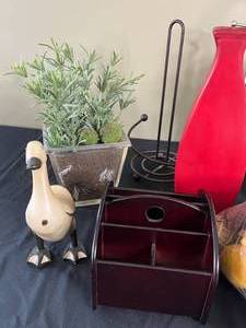 lot 115 image: Home Decor - Duck Decor, Faux Plant in Planter, Red Vase, Bag of Popery and More