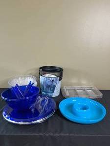 lot 114 image: Excellent Condition Reusable Hard Plastic Dishware, Serving Trays, Utensils and Platters. MN Timberwolves Ice Buckets