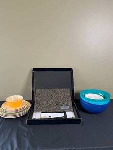 lot 116 image: Beautiful Cambria Cheeseboard (MFG PKG), Hard Plastic Reusable Dinnerware and Serving Bowls