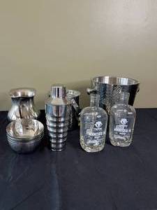 lot 117 image: Excellent Condition Large Ice Bucket, Small Ice Bucket w Lid, Shaker, Pitcher, Bowls, Panther Distillery MN Whiskey Jugs