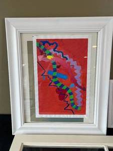 lot 126 image: Colorful Framed Artwork and Decorative White Panel Window
