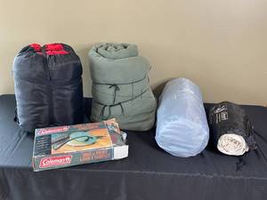 lot 183 image: Coleman Camping Gear - Queen Air Mattress, Twin Mattress, Foot Pump, 2 Sleeping Bags (brand unknown)