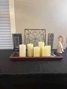 lot 189 image: Home Decor including Riedel Vivant Vase, Silver Open Vase, Center Piece Wooden Tray w Battery Operated Candles, and Angel