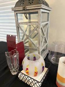 lot 194 image: Home Decor - Lantern w Battery Operated Candle, Colorful Vases, Crystal Vases, and More
