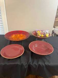 lot 202 image: PartyLite Fruit StandBowl, Large Red Glass Fruit BowlCenterpiece, Beautiful Red and Orange Bowl and Plate and Plastic Fruit