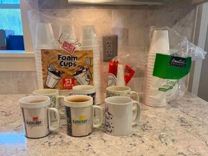 lot 217 image: Lot of Various Mugs (stained) and Disposable Cups (MFG PKG)