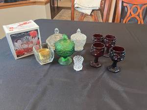 lot 230 image: Beautiful 3 Glass Candy Dishes, 4 Avon Goblets, and Rosaline Frosted Glass German Made Bowl