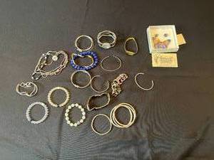 lot 239 image: Beautiful Bracelets and 2 Watches inc. Bulova Quarts Gold Womens Watch Made In Japan and Studio. Butterfly Pin and Matching Earrings.