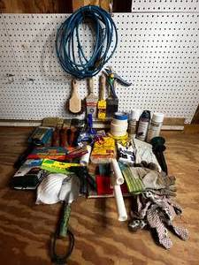 lot 71 image: Paint Brushes  Extension Cord  Rolls of Tape  Cover Stain  Garden Supplies