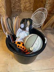lot 277 image: Sporting Goods - Badminton Rackets, Basketball, Football, Palaball Paddle Set (2), Frisbees, and MORE