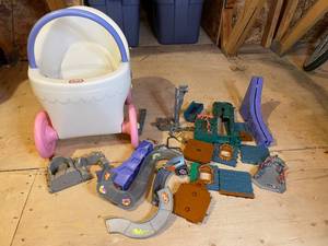 lot 291 image: A - VTG Little Tikes Stroller, Fisher Price Race TrackPlay Scene