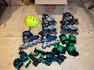 lot 296 image: 3 Pair of Rollerblades, Bern Neon Helmet, Wrist, Elbow and Knee Pads - Great Condition