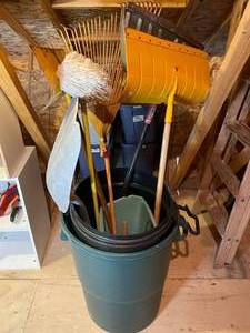 lot 302 image: 2 Large Trash Bins, Various Shovels (metal and plastic), Rake and Mop