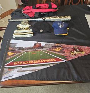 lot 245 image: Totino Grace Baseball Hat w Tag, Demarini Baseball Bat, Sports Bag, Knit Hats & TCF UoM Stadium Banner