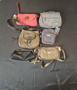 lot 246 image: Three Baggallini Hand Bags wtags, Travel Bag, Black Beaded Clutch w Silver Tone Clasp, ETC