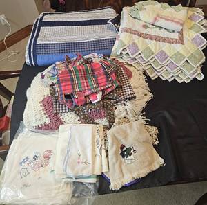 lot 247 image: Two Sets of Bed Comforters w Shams, Afghan, VTG Dish Towels w Embroidery, 4 Aprons, Etc