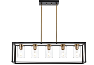 lot 20 image: VINLUZ Farmhouse Chandeliers for Kitchen Island with Clear Glass Shade Black and Brushed Brass 5 Light