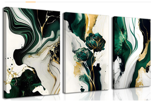 lot 231 image: 3Pcs Framed Emerald Green Wall Art, Measures 16 x 24