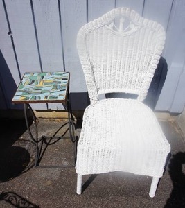 lot 1 image: Vintage White Wicker Victorian-Style Accent Vanity Chair, Contemporary Tile-Top Side Table Plant Stand