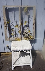 lot 2 image: Vintage White Wicker Two-Tier Accent Table Night Stand, Two-Pane Window Art Birdhouse Tree Branch Outdoor Theme...