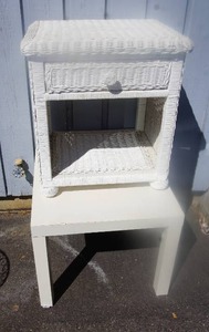lot 3 image: Vintage White Wicker Two-Tier One-Drawer Accent Table Night Stand, Small Utility Storage Table