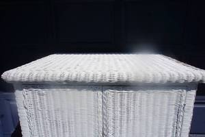 lot 6 image: Vintage MCM White Wicker Rattan Pier-1 Style Armoire Storage Closet Organizer