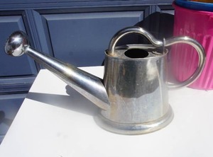 lot 12 image: Vintage(Made in Taiwan) Silver Watering Can, Three Colored Bins wLids