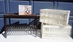 lot 16 image: IndoorOutdoor Side-Table, Collapsible White Trunk Crates, Electric Knife Sharpener NIB
