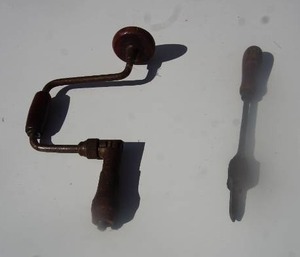 lot 34 image: Garage Hand Tools Vintage Hand Crank Drill, Hand Forged Soldering Tool