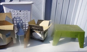 lot 47 image: NIB Diecast Aluminum Outdoor Wall Light, Schoolhouse Light Kit, Lidded Laundry Basket Bin, Plastic Step Stool