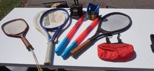 lot 63 image: Sporting Goods Vintage Racquetball Racket, Wilson Graphite Aggressor 95 Tennis Racket wCase, Boating Floating Koozie, Water Game Blaster Etc.