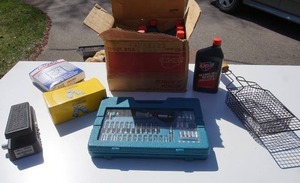 lot 81 image: Miscellaneous LotBehringer Hell Babe Guitar Foot Pedal, Drill Bit Set, Car Quest Dexron lll Mercon Transmission Fluid, Grilling Cage Etc.