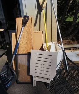 lot 99 image: Garage MiscellaneousBroom, Wood, Collapsible Side Table Etc.