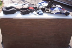 lot 101 image: Vintage Heavy Duty Folding-Leg Table, Accessory Bags, Gym Bags, Duffel Bags Etc.