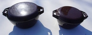 lot 102 image: Vintage COPCO Denmark D2 and D3 Brown Dutch Oven Enameled Cast Iron Cookware...