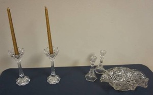 lot 127 image: Beautiful Lead Crystal Cut Glass 13 bowl, two-10 inch  Mikasa Prism candlesticks, two 7-inch candlesticks