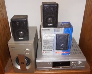 lot 138 image: Philips Home Theatre System w00x Technology Powered Sub-Woofer System SW 986 with Two Speaker Sets