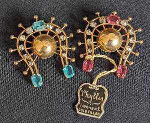 Pair of Gold Filled Rhinestone Horseshoe Brooches