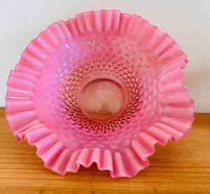 Vintage Grouping of Beautiful Pink Collectables including Vintage Fenton Cranberry Opalescent Hobnail Bowl Crimped Edge