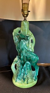 lot 13 image: Pair of Mid Century Green Deer Figurine Pottery Table Lamps