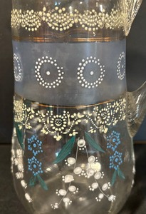 lot 55 image: Antique Victorian Hand Blown Hand Painted Glass Pitcher with Ruffled Rim