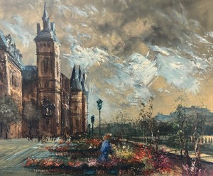 lot 57 image: Marche Aux Fleurs Original Oil on Board Painting