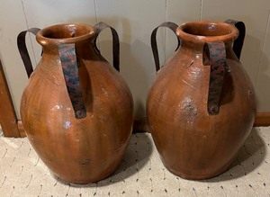 lot 86 image: Pair of Pottery Barn Triple Handled Rustic Style Vessels
