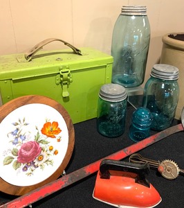 lot 157 image: Wonderful Vintage Treasures, Red Wing Two Gallon Salt Glazed Bee Sting Crock, Blue Glass Mason Jars and More
