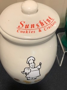lot 158 image: Cute Vintage Pair, Sunshine Cookie Jar and Emerald Green Hand Painted Vase